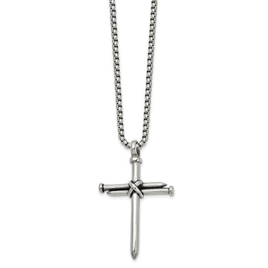 Chisel Stainless Steel Antiqued Polished Cross of Nails Pendant 22in Box Chain