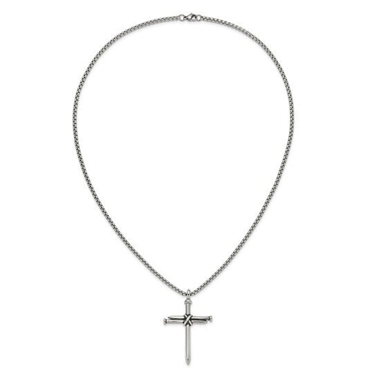 Chisel Stainless Steel Antiqued Polished Cross of Nails Pendant 22in Box Chain