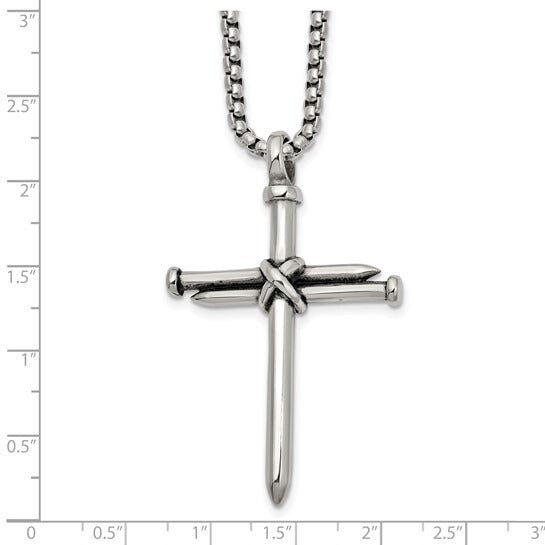 Chisel Stainless Steel Antiqued Polished Cross of Nails Pendant 22in Box Chain
