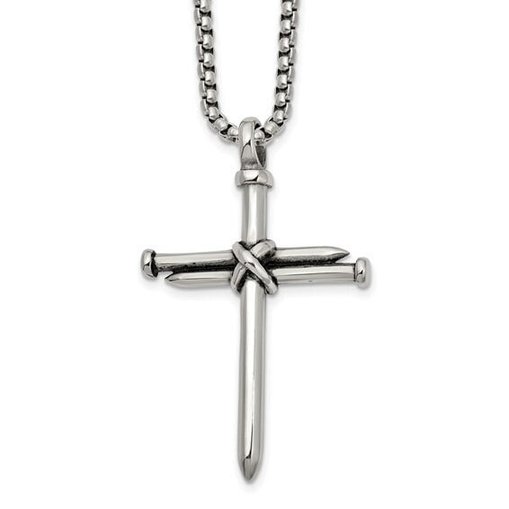 Chisel Stainless Steel Antiqued Polished Cross of Nails Pendant 22in Box Chain