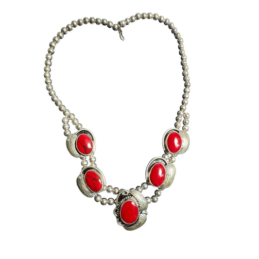 Vintage Sterling Silver Southwest Style Red Howlite Double Strand Statement Necklace 77.8g