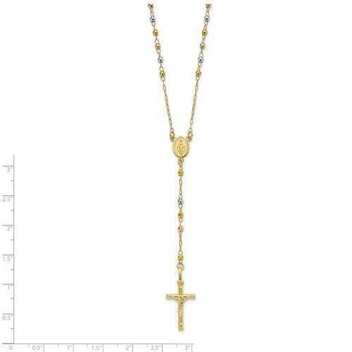 14K Tri-Color Gold Polished Faceted Beads 24-Inch Rosary Necklace