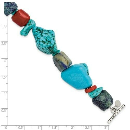 Sterling Silver Red Coral Howlite Lapis Turquoise 8 in Long Bracelet