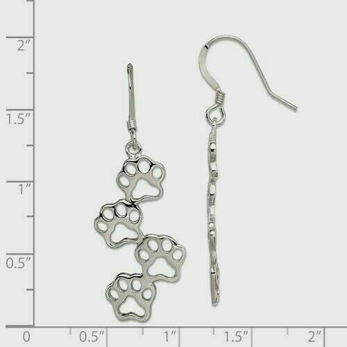 Sterling Silver Paw Print Dangle Earrings 925