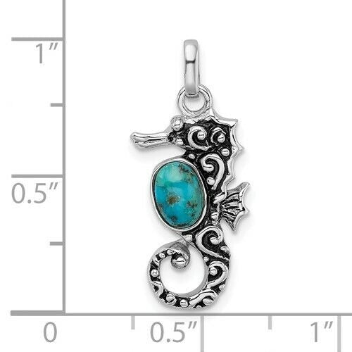 Sterling Silver 925 Rhodium-Plated Seahorse Pendant With Turquoise Accent