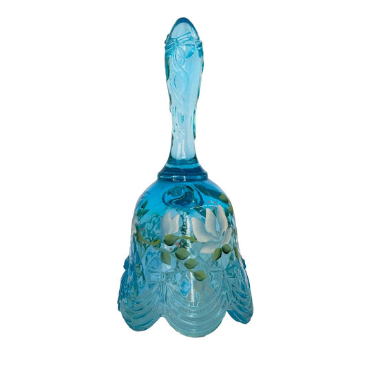 Fenton Light Blue Bell Hand painted White Floral and Signed