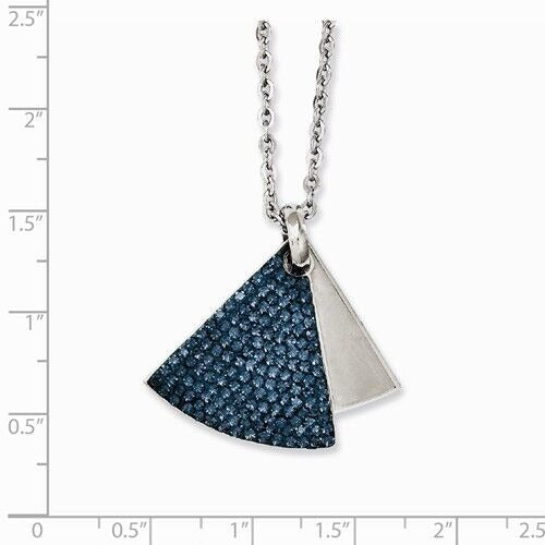 Stainless Steel Blue Crystal & Brushed Triangle Pendant Necklace 20in Chain