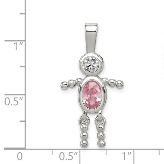 Sterling Silver Rhodium-plated CZ and Birthstone Pink October Glass Boy Pendant
