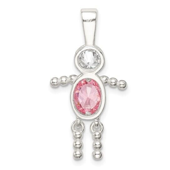 Sterling Silver Rhodium-plated CZ and Birthstone Pink October Glass Boy Pendant