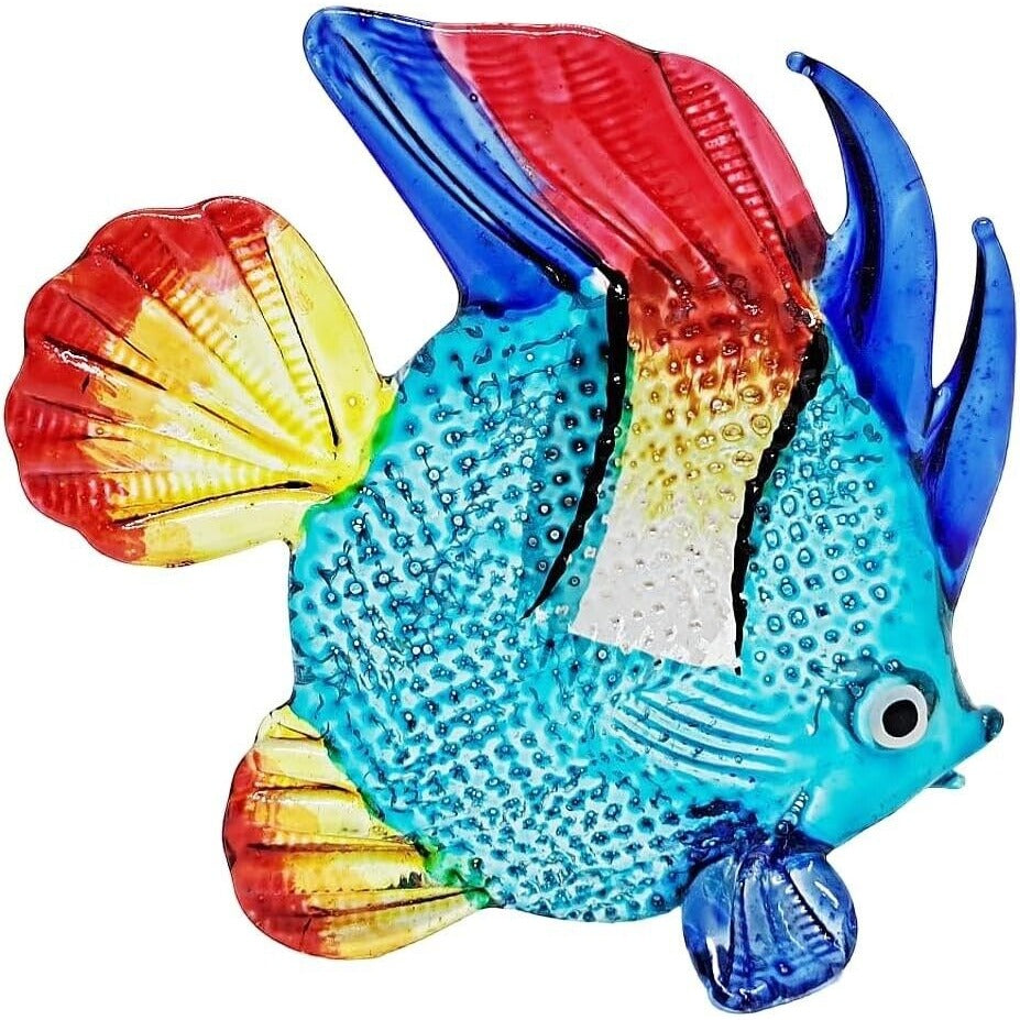 2¾" Long Blue Red Yellow Discus Fish Hand Blown Glass Figurine