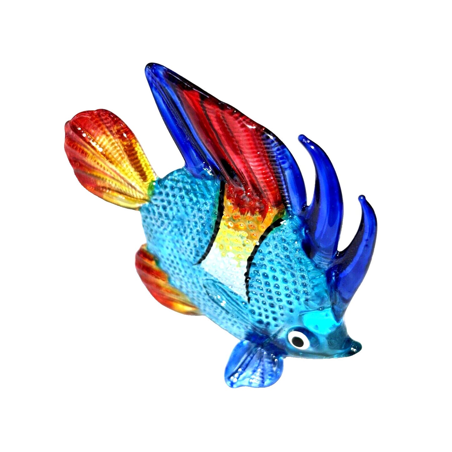 2¾" Long Blue Red Yellow Discus Fish Hand Blown Glass Figurine
