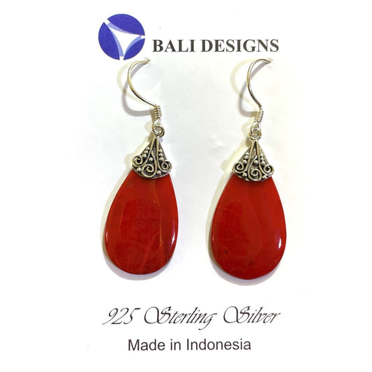 Maroon Red Color Teardrop Sterling Silver Dangle Drop Earrings