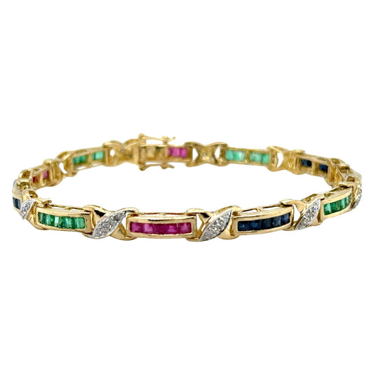 18k Yellow Gold Sapphire Ruby Emerald & Diamond 6.75" inch Bracelet 12.9g