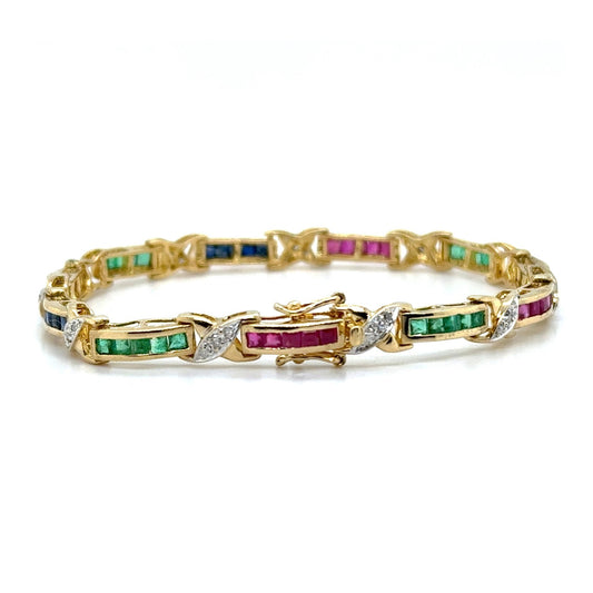 18k Yellow Gold Sapphire Ruby Emerald & Diamond 6.75" inch Bracelet 12.9g