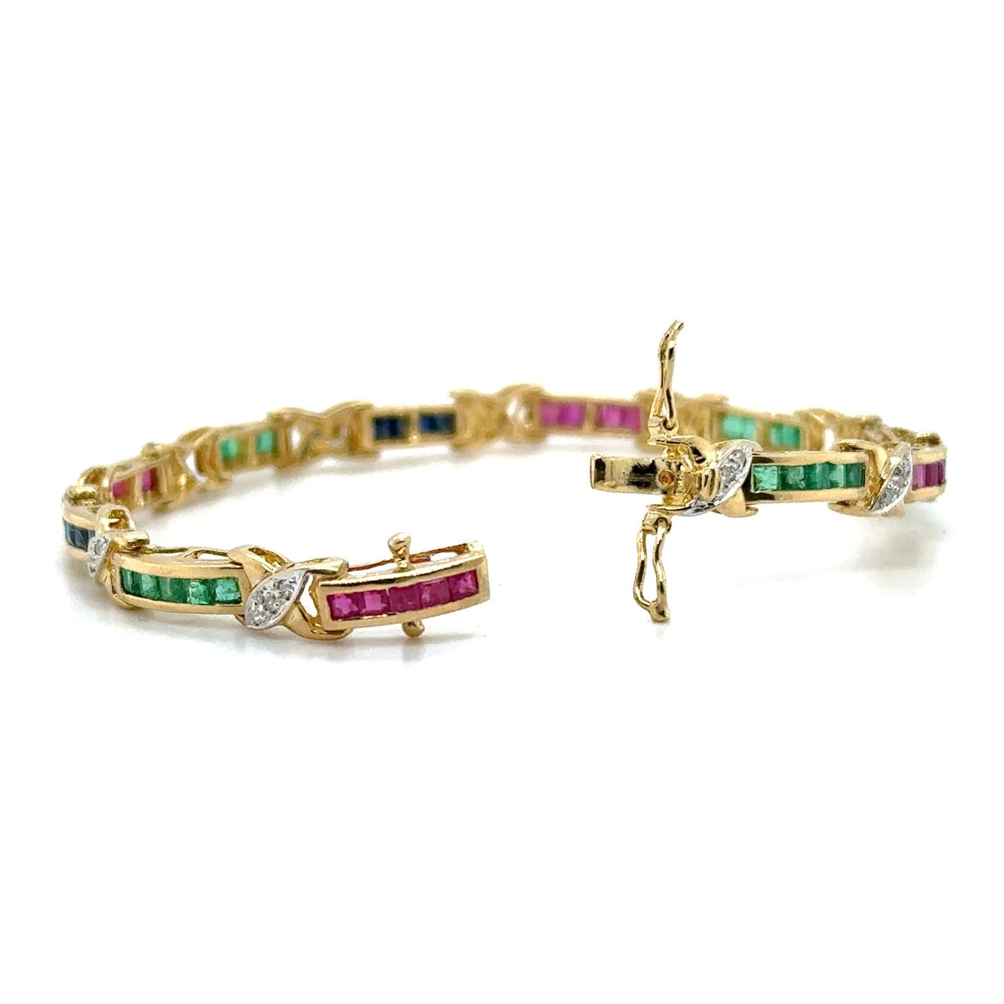 18k Yellow Gold Sapphire Ruby Emerald & Diamond 6.75" inch Bracelet 12.9g