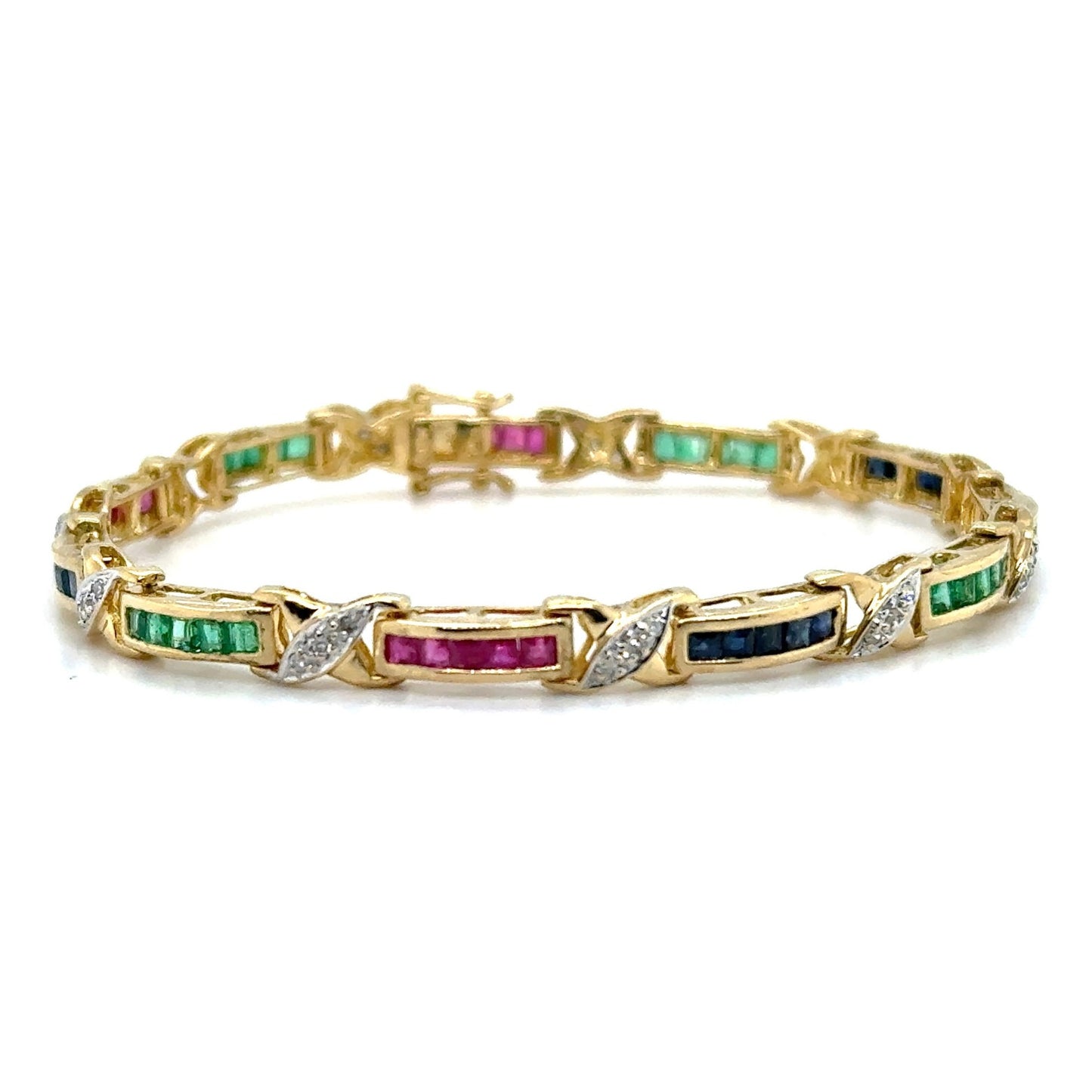 18k Yellow Gold Sapphire Ruby Emerald & Diamond 6.75" inch Bracelet 12.9g