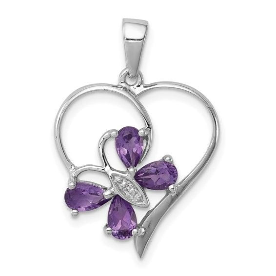 Sterling Silver Amethyst & Diamond Butterfly Heart Pendant