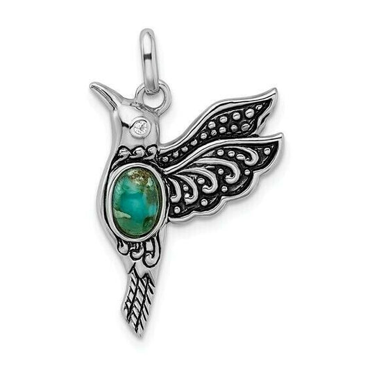 Sterling Silver Rhodium Oxidized Recon Turquoise & CZ Detailed Hummingbird Pendant