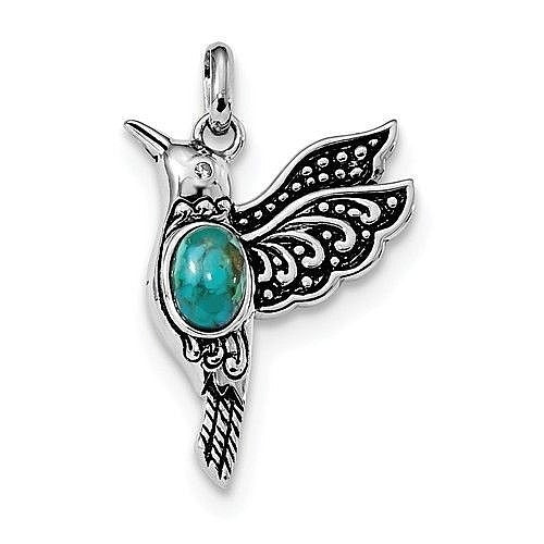 Sterling Silver Rhodium Oxidized Recon Turquoise & CZ Detailed Hummingbird Pendant