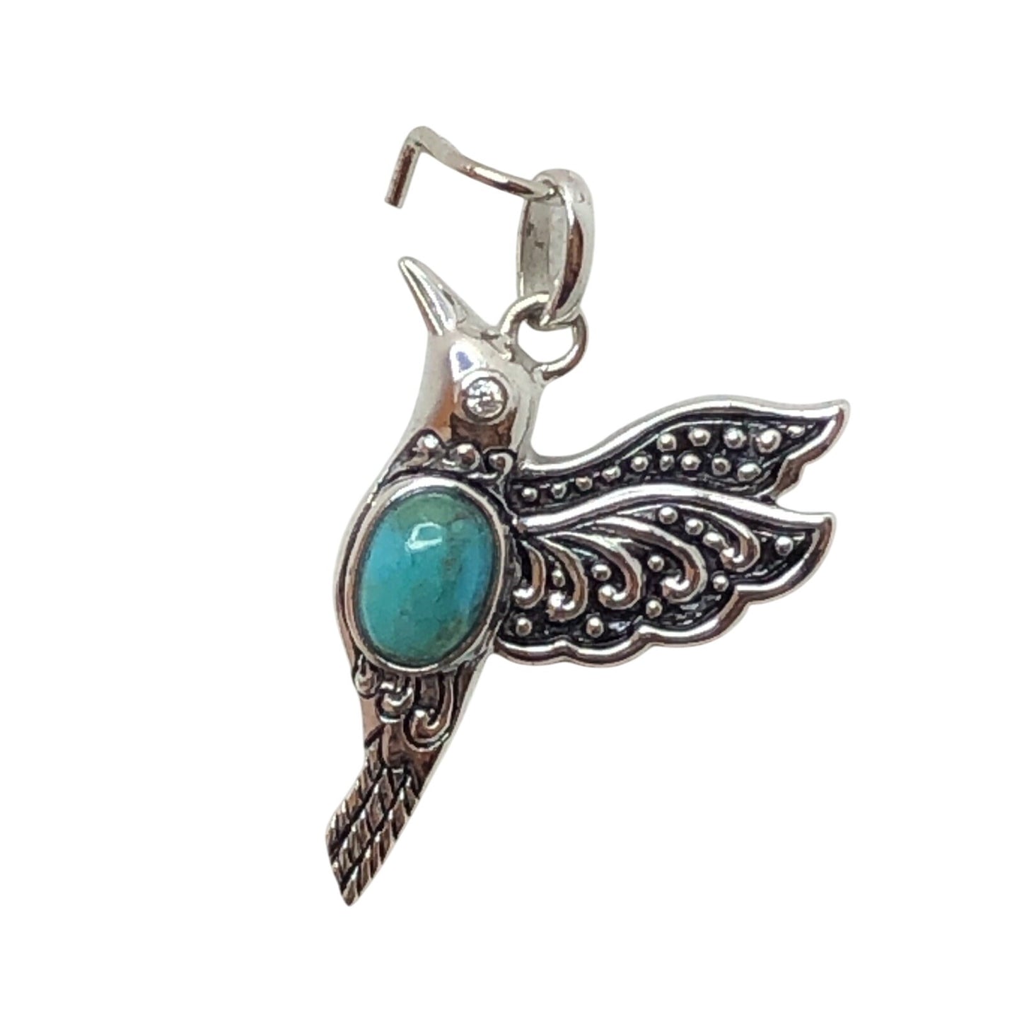 Sterling Silver Rhodium Oxidized Recon Turquoise & CZ Detailed Hummingbird Pendant
