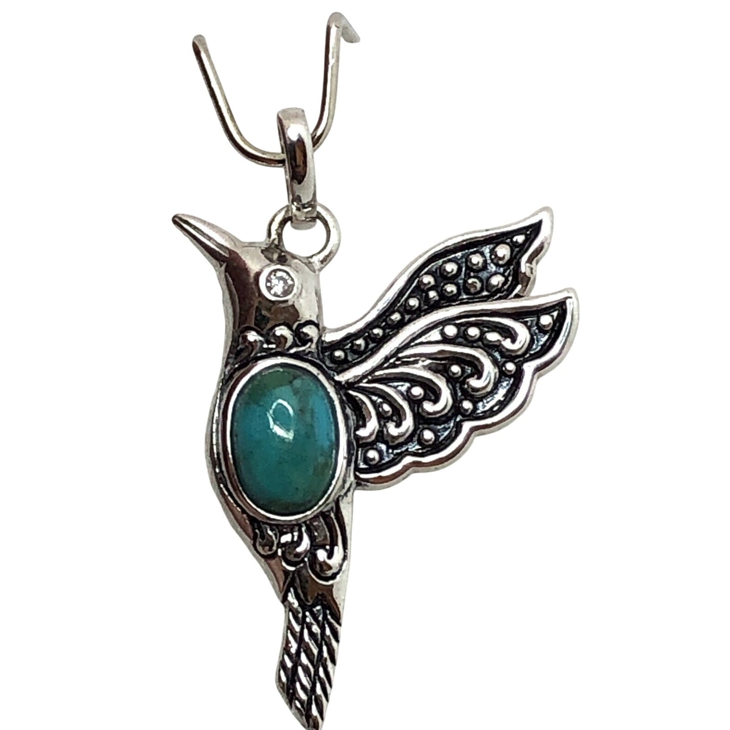 Sterling Silver Rhodium Oxidized Recon Turquoise & CZ Detailed Hummingbird Pendant