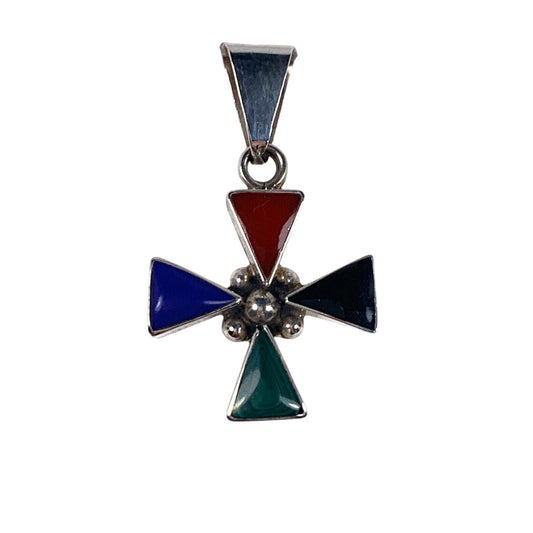 Multi-Stone Cross Pendant Red Blue Green Black Gemstones .925 Sterling Silver 10g
