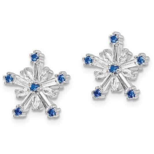 Sterling Silver Rhodium-Plated Polished Blue & White CZ Snowflake Earrings