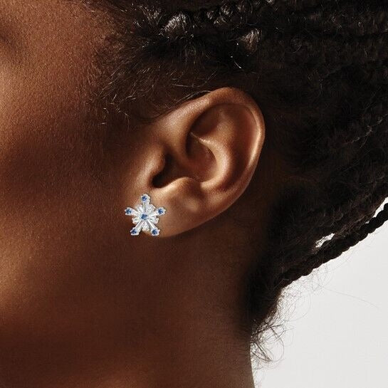 Sterling Silver Rhodium-Plated Polished Blue & White CZ Snowflake Earrings