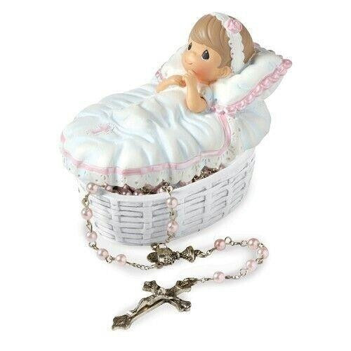 Precious Moments Pink Baby Baptism 17.5 inch Rosary and Resin Box Set