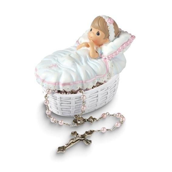Precious Moments Pink Baby Baptism 17.5 inch Rosary and Resin Box Set