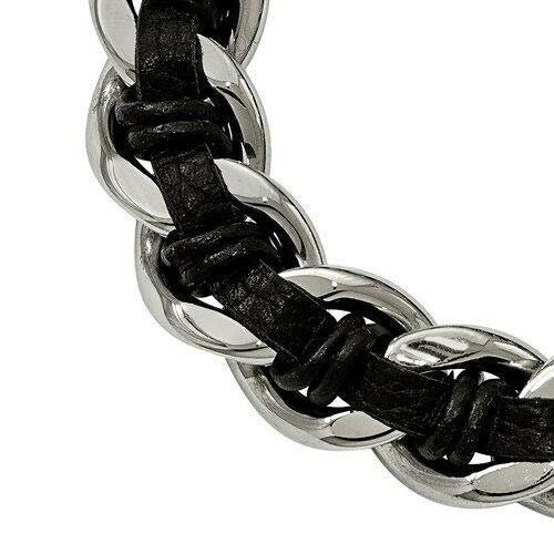 Chisel Stainless Steel Antiqued and Dragon Head Curb Chain Leather Bracelet