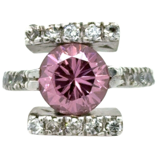 Pink Cubic Zirconia Solitaire w/ Accents Ring .925 Sterling Silver 11.2g Size 7
