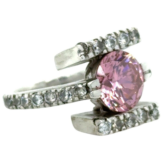 Pink Cubic Zirconia Solitaire w/ Accents Ring .925 Sterling Silver 11.2g Size 7