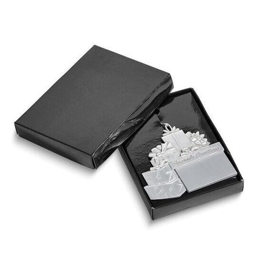 Engraveable Pewter Gift Packages Ornament "Seasons Greetings" Message & Silver Hanging Cord