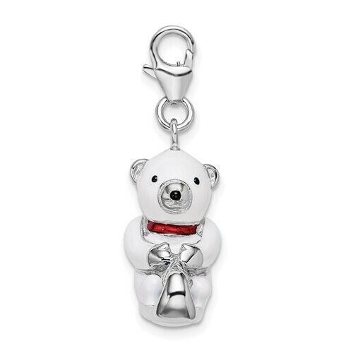 Sterling Silver Rhodium-Plated 3-D Enameled Polar Bear On Sled Charm With Fancy Lobster Clasp