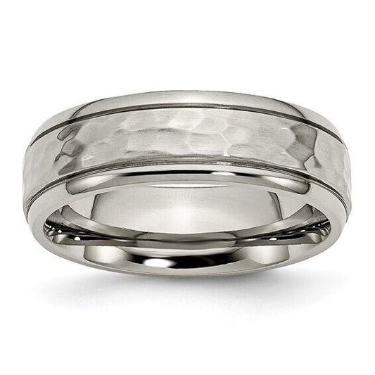 Chisel Titanium Polished and Hammered 7mm Grooved Edge Band Ring Size 10