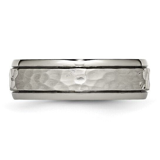Chisel Titanium Polished and Hammered 7mm Grooved Edge Band Ring Size 10
