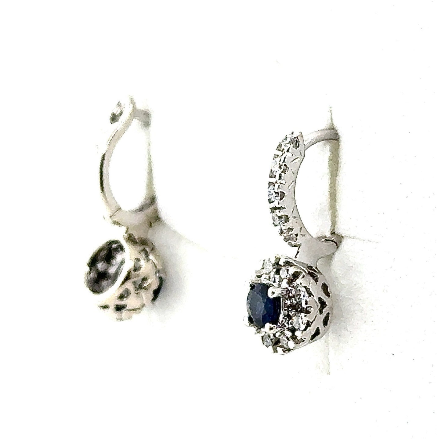 14K White Gold Sapphire & Diamond Dangle Earrings 3g