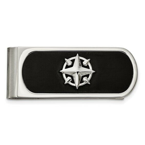 Stainless Steel Brushed and Polished Black IP-plated Compass Money Clip