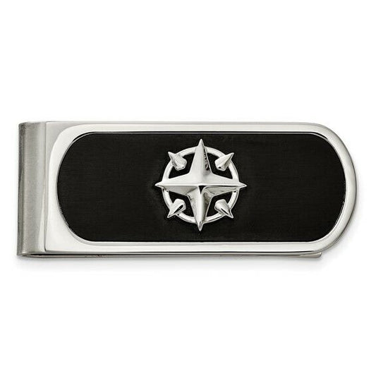 Stainless Steel Brushed and Polished Black IP-plated Compass Money Clip