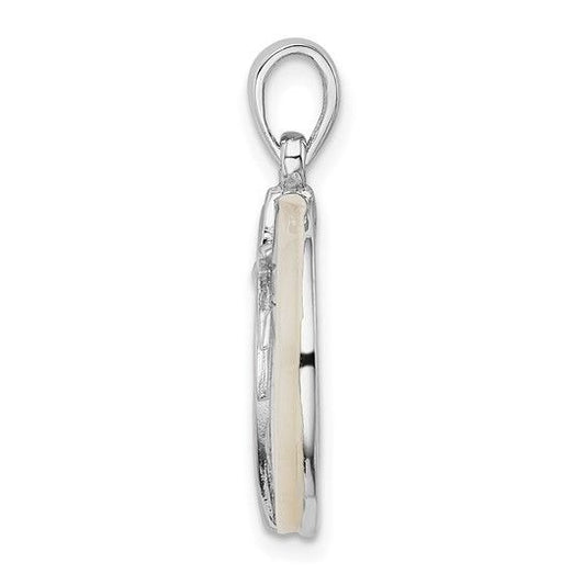 Sterling Silver Rhodium-Plated Round Mother Of Pearl Palm Tree Pendant