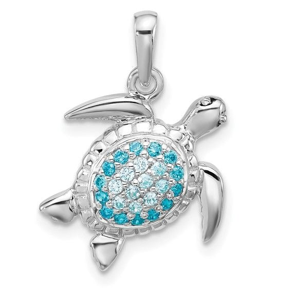 Sterling Silver Sea Turtle Pendant Blue & White Crystals Rhodium-Plated