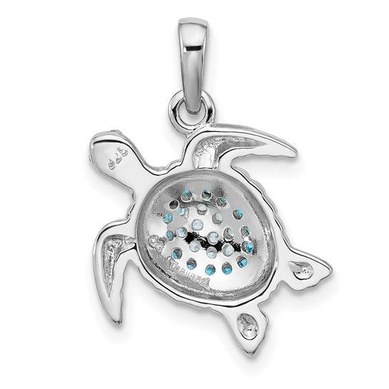 Sterling Silver Sea Turtle Pendant Blue & White Crystals Rhodium-Plated