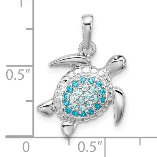 Sterling Silver Sea Turtle Pendant Blue & White Crystals Rhodium-Plated