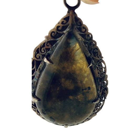 Vintage Multicolor Agate Stone Pendant .925 Sterling Silver 12.6g Teardrop Shape