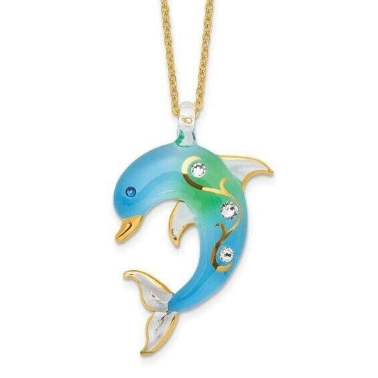 Glass Baron Turquoise Glass Crystal Dolphin 18 inch Gold-tone Necklace