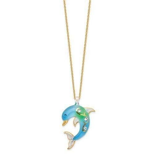 Glass Baron Turquoise Glass Crystal Dolphin 18 inch Gold-tone Necklace