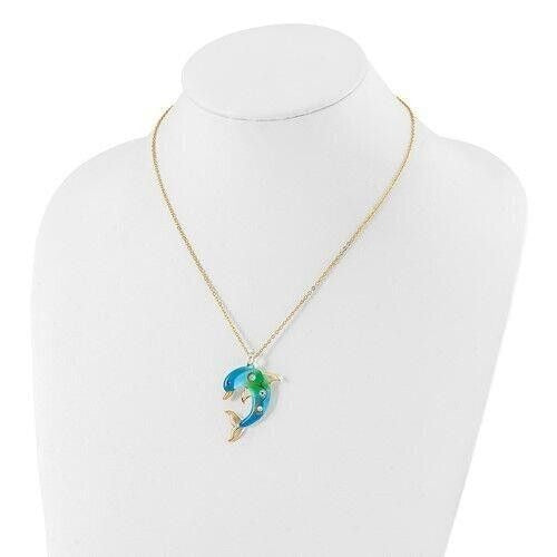 Glass Baron Turquoise Glass Crystal Dolphin 18 inch Gold-tone Necklace