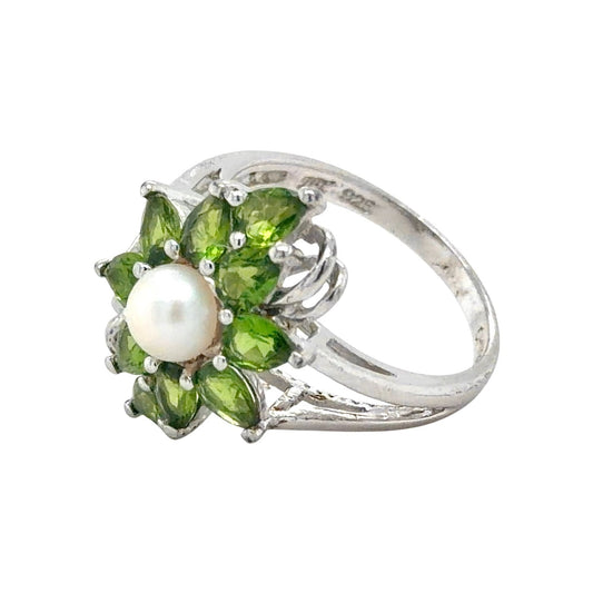 Pearl & Green Quartz Sterling Silver Ring 3.2g Size 5.75