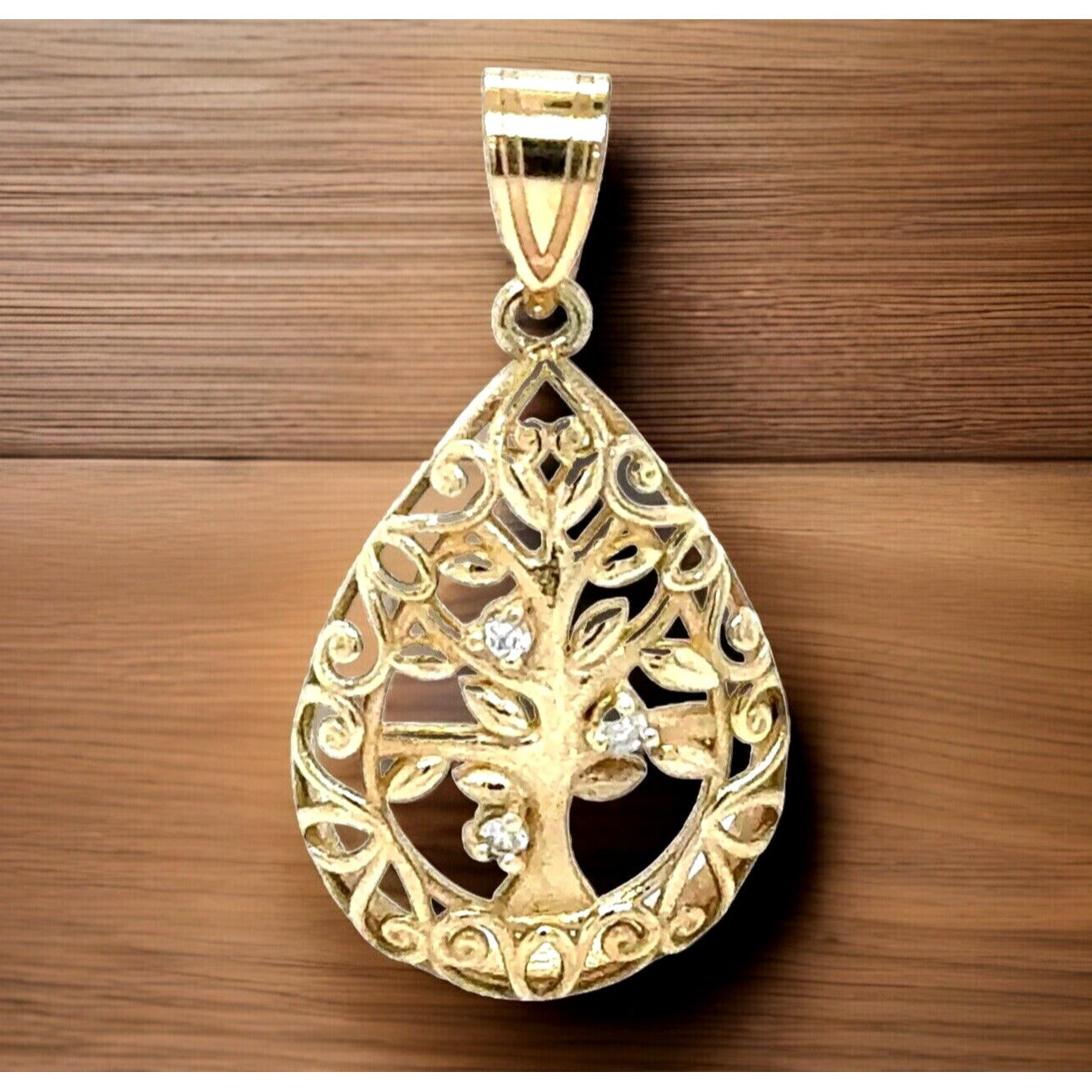 10K Yellow Gold 3 stone Diamond Tree of Life Tear Drop Pendant